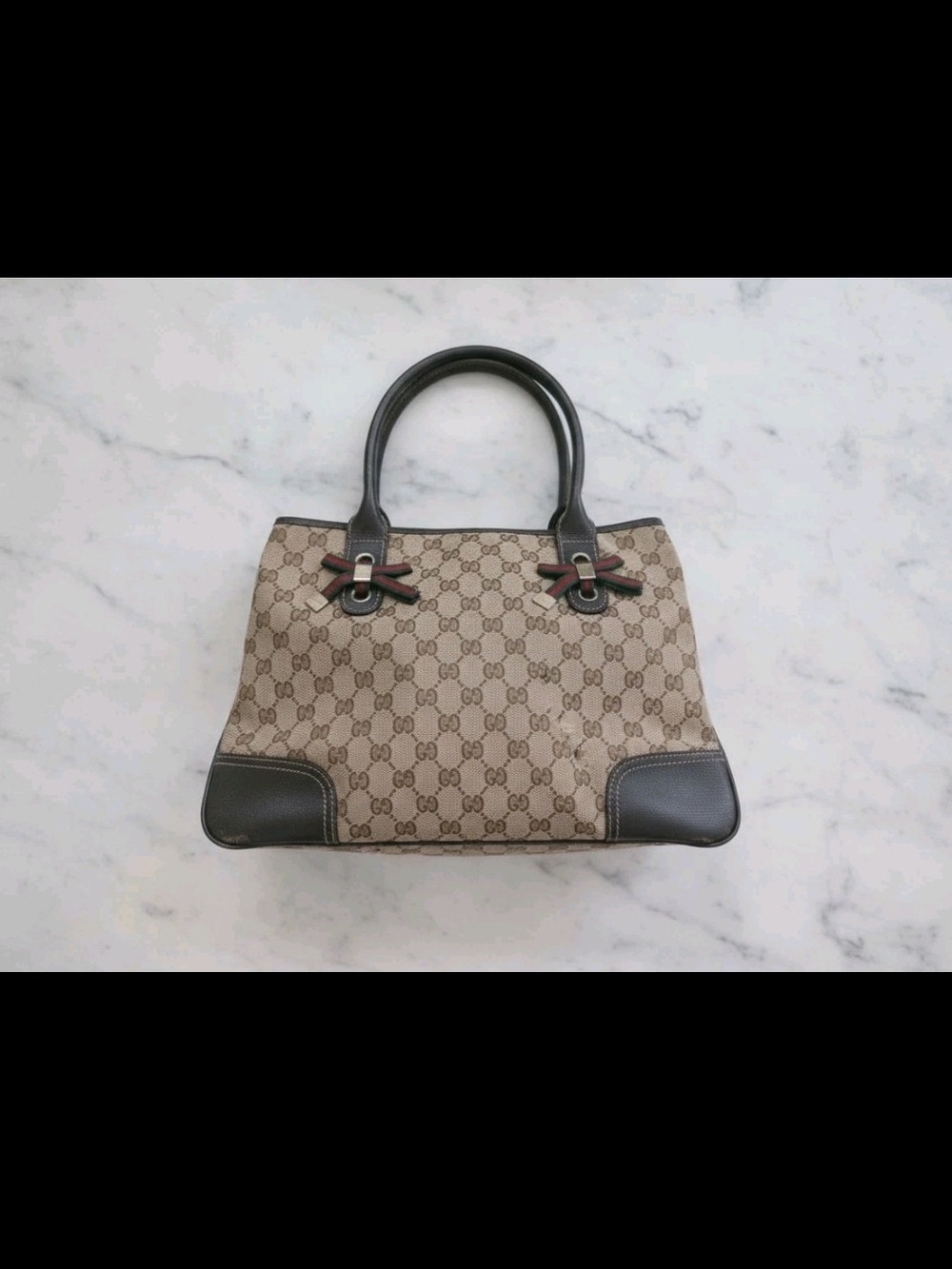 Gucci Beige GG Supreme Tote with Dark Brown Trim and Red-Green Ribbon Accents